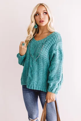 All Things Cozy Cable Knit Sweater in Turquoise