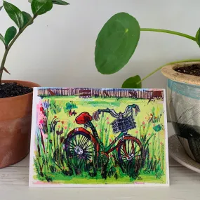 Bicycle in the Flower Field Greeting Cards